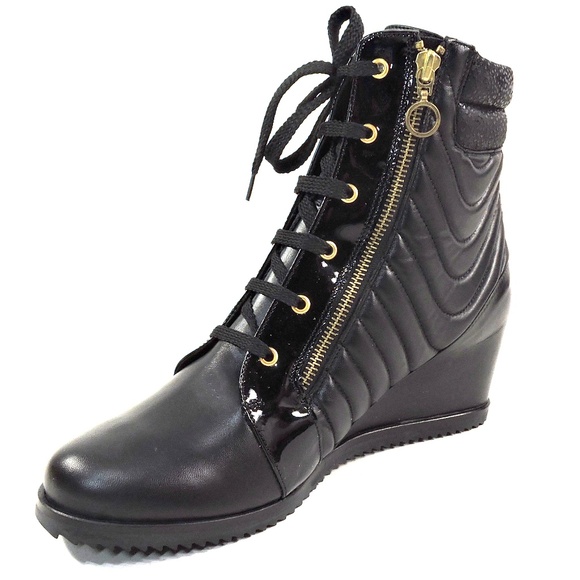 DAVIS CESARETTI 🇮🇹 WOMEN'S BLACK SOFT LEATHER COMFORT WINTER WEDGE BOOTIE - Picture 4 of 8